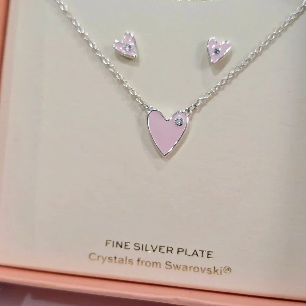 FAO Schwarz ✦ Pink Mother of Pearl Heart Set ✦ Swarovski Necklace & Earrings NWT